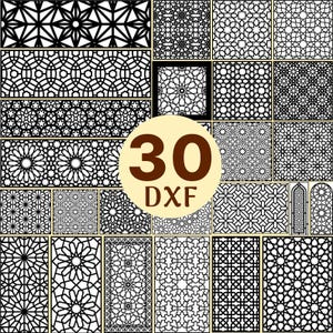 May include: A collection of 30 black and white geometric patterns presented as DXF files. The grid displays various intricate lattice designs, star motifs, and interlocking shapes. A central circular beige overlay features the text 30 DXF.