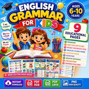 Cuaderno de ejercicios de gramática inglesa para niños de 6 a 10 años / PDF y PNG imprimibles / Actividades de aprendizaje de inglés como segundo idioma para principiantes / Descarga instantánea