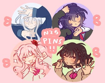 May include: Four illustrated cartoon characters in circular frames with a pink background. The text "NZS PINS!!" is in the centre of the image. Each character is wearing a different coloured uniform and has a different hairstyle.