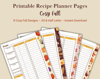 Páginas imprimibles para planificar recetas acogedoras de otoño / 8 diseños otoñales acogedores / Descarga instantánea