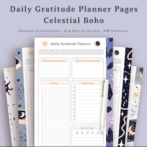 May include: Printable daily gratitude planner pages with a celestial boho theme. The planner features a calendar, sections for gratitude, excitement, schedule, tasks, and how you felt. The design includes stars, moons, and crystals.