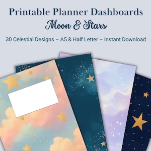 Può includere: Una collezione di dashboard di pianificazione stampabili con disegni celesti. I disegni presentano illustrazioni ad acquerello di lune, stelle e nuvole in vari colori. Il testo sull'immagine recita "Printable Planner Dashboards Moon & Stars".