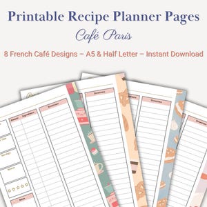 Printable Parisian Café Recipe Planner Pages | 6 Cute French Café Designs | Instant Download