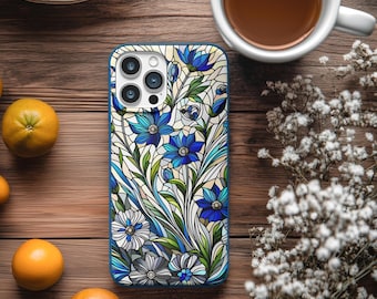 Stained Glass Blue Floral iPhone Case, Mosaic Wildflower Design
