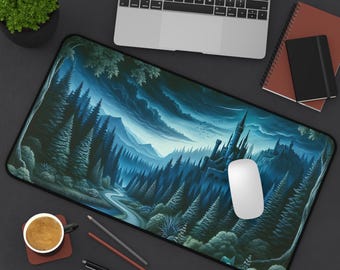 May include: A dark blue and green mouse mat featuring a fantasy illustration of a castle in a forest. The castle is silhouetted against a cloudy sky. The mouse mat is designed for use with a computer mouse.