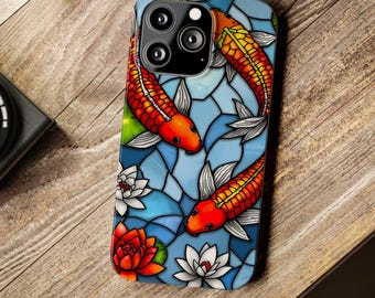 Japanese Koi Pond iPhone Case, Stained Glass Botanical Design