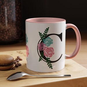 Letter C Monogram Flower Accent Coffee Mug, Personalized Initial C Cup for Women, Floral Mug Design, Gift for Her, Coffee Cup Letter C