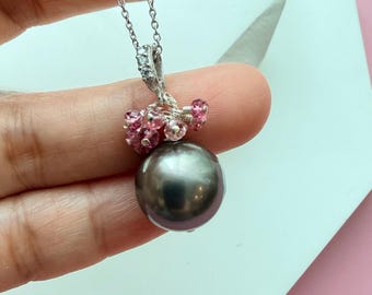 12.9mm Tahitian Pearl Necklace Green Grey Pearl Single Tahitian Pearl Jewelry Wife Gifts for Her Boho Wedding for Bride