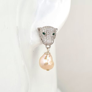 Panther Silver Earring & Keshi Pearls | Green-eyed Cheetah Leopard Jaguar Baroque Pearl Jewelry | Animal Earring |Personalise gifts for her
