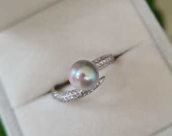 Silver Blue Akoya Pearl Open Ring - 18k White Gold Vermeil - Akoya Sea Pearl Jewelry - Minimalist Everyday Jewelry - Cocktail Classy Ring