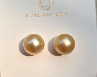 South Sea Pearl Stud Earrings Champagne Gold 18K Gold South Sea Pearl Earrings Minimalist Fine Jewelry pearl studs Big Round Pearl Studs