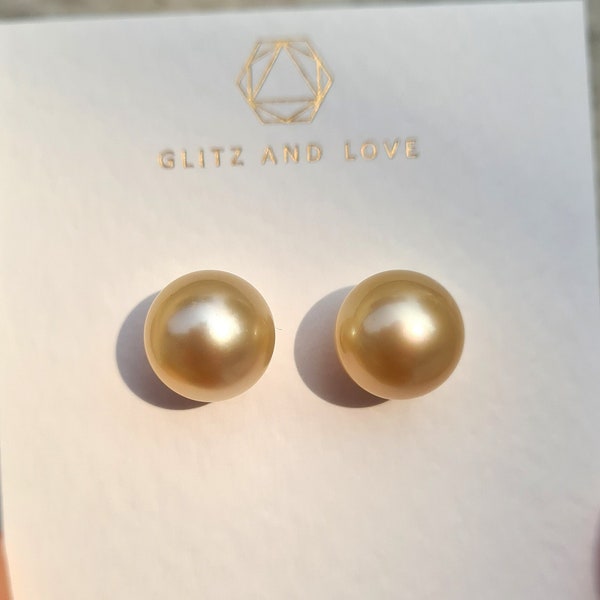 South Sea Pearl Stud Earrings Champagne Gold 18K Gold South Sea Pearl Earrings Minimalist Fine Jewelry pearl studs Big Round Pearl Studs