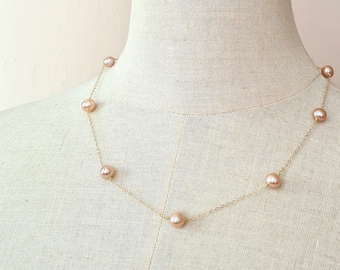 Pearl Floating Necklace Freshwater Pink 14k Gold Filled High Lustre Freshwater Pearl station necklace Minimalist Everyday Pearl Jewelry