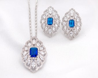 Silver Vintage Style Statement Bridal Stud Earrings Necklace Bracelet Wedding Bride Bridesmaid Gift Jewelry Set Something Blue
