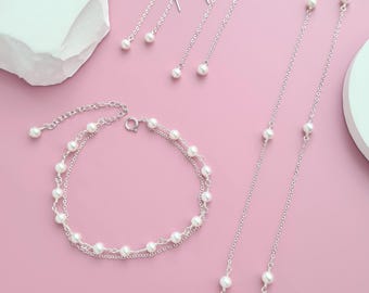 Tiny Pearl Jewelry Set Floating Pearl Necklace Earrings Bracelet 14k Gold filled, Wedding Bridal Pearl Jewelry for Brides Bridesmaids Mother