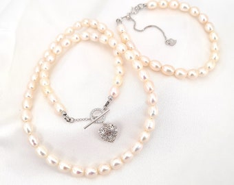 Pearl Necklace and Bracelet Jewelry Set for Bride and Bridesmaids Sterling Silver Heart Toggle Clasp Anniversary Gifts for Her Wife Gifts