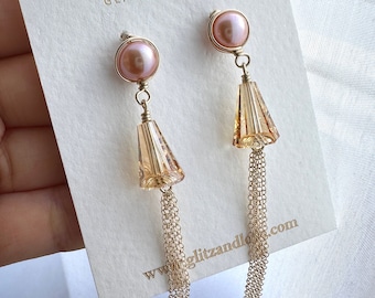 Pink Purple Pearl Earrings Long | Edgy Earrings Statement Earrings Gifts For Her | Tassels earrings Boho Chic Earrings 14k gold filled