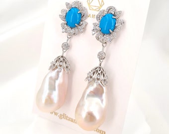 Baroque Pearl Earrings - Freshwater Pearl Drop Earrings, Statement Pearl Earrings, Something Blue Earrings