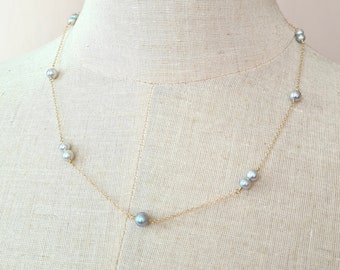 Pearl Floating Necklace Silver Blue Akoya Saltwater Blue Greyish Blue Pearl Jewelry Minimalist Everyday Pearl Jewelry 14k Gold Filled