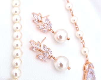 Dainty Pearl Drop Earrings, Rose Gold Floral Leaf Earrings, Y-drop Pearl Wedding Necklace, Classic Bridal Brides Bridesmaid Jewelry