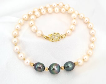 Tahitian Pearl Necklace Freshwater Pearl Strand Necklace | Gold Filled Beads | Sea Pearl Gifts for her, Mother's day, black pearl Necklace