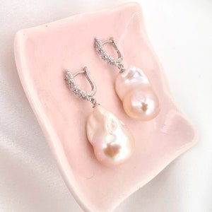 Large White Baroque Pearl Earrings - Olive Leaf Huggie Hoop Earrings | Statement Big Pearl Earrings | Wedding Bride Pearl Jewelry | Timeless