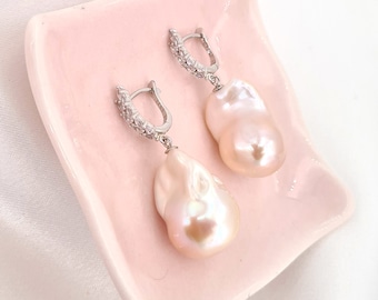 Large White Baroque Pearl Earrings - Olive Leaf Huggie Hoop Earrings | Statement Big Pearl Earrings | Wedding Bride Pearl Jewelry | Timeless