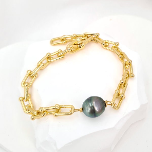 Tahitian Pearl Bracelet Green Black pearl Jewelry Link chain Necklace Chunky pearl Jewelry mother day gifts for her 30th anniversary