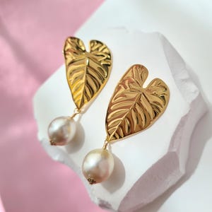 South Sea Pearl Earrings Tropical Big Leaf Champagne Gold South Sea Pearl Earrings Jewelry pearl Oval Pearl Earrings