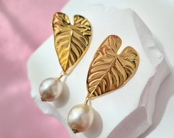 Pendientes de perlas de los mares del sur, hojas grandes tropicales, color champán, dorado, pendientes de perlas de los mares del sur, joyería, perla, pendientes de perlas ovaladas