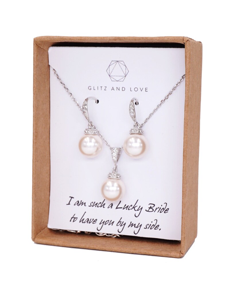 Simple Pearl Drop Necklace Earrings Set Swarovski Bridal Etsy