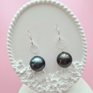 12.7mm Tahitian Pearl Earrings Sterling Silver Tahitian Pearl Hook Earrings Peacock Green Pearl Jewelry Gifts for her Anniversary