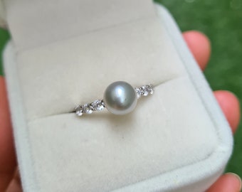 Silver Blue Akoya Pearl Ring - 18k White Gold Vermeil - Akoya Sea Pearl Jewelry - Minimalist Everyday Jewelry - Cocktail Classy Ring