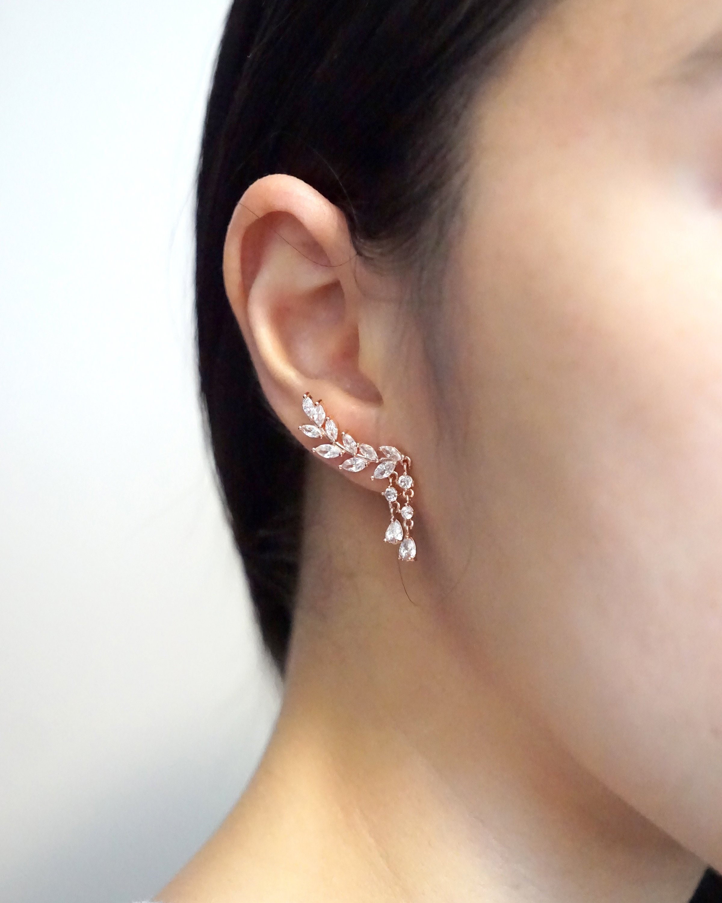 Olive Leaf Climber Earrings Rose Gold Silver Simple Wedding - Etsy
