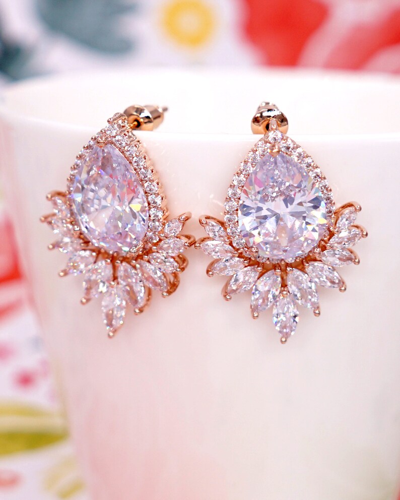 Rose Gold Big Luxe Teardrop Stud Earrings Wedding Bridesmaid Etsy