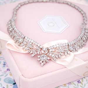 Statement Princess Bride Crystal Necklace, Wedding Chunky Jewelry, Bridal Backdrop Necklace, Silver Rose Gold, Classic Bling Wedding, N283