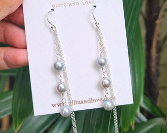 Simple Blue Akoya Pearl Earrings Sea Blue Greyish Blue Long Pearl Drop Earrings Something Blue Minimalist Everyday Jewelry Sterling Silver