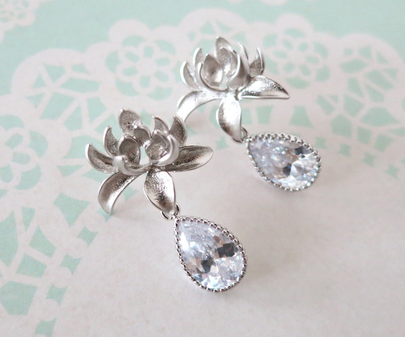 Lily Silver Lily Earrings with Cubic Zirconia Teardrop Etsy