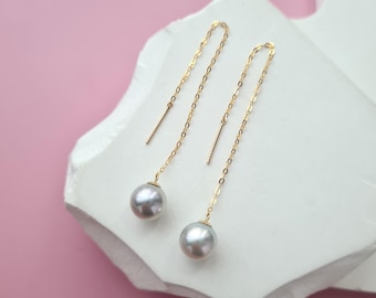 Pendientes de perla Akoya azul plateada en oro de 18 quilates (7,5 mm - 8 mm) - Pendientes colgantes de perla gris japonesa - Joyería minimalista para uso diario