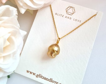 South Sea Pearl Mushroom Pendant Necklace | Golden Sea Pearl Jewelry | Saltwater Pearl Cute Jewelry | 18k Gold Vermeil | Sterling Silver