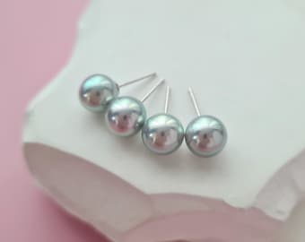 Silver Blue Akoya Pearl 18k Gold Stud Earrings - 5mm-8.5mm - Japanese Grey Pearl Studs - Minimalist Studs - Everyday Jewelry