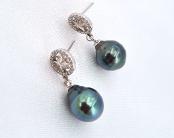 9mm+ Tahitian Pearl Eight-Point Stars Earrings | Peacock Green Purple Blue hue | Saltwater Sea Pearl Jewelry | 18k Gold Vermeil | Gifts her