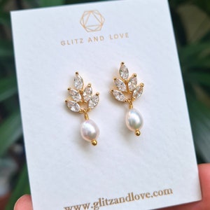 Dainty Freshwater Pearl Droplets Earrings Bridal Pearl Drop Earring Bridesmaids Gifts CZ Paved Leaf Earrings Wedding Earrings