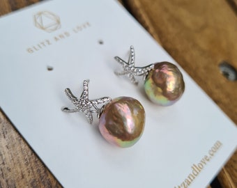 Starfish Earrings Baroque Pearl Earrings Unique Pearl Drop Earrings Bold Metallic Wrinkled Large Pearl Jewelry Gifts for her Statement