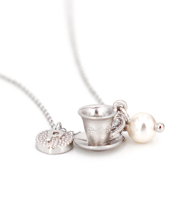 Personalised Initial letter Silver Tea Cup Necklace / Alice in Etsy