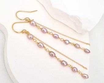 Tiny Pearl Earrings Long Purple Pearl Earrings Freshwater Pearl Baroque Pearl 14k Gold filled Purple Mother's day, Wedding Bridal Earrings