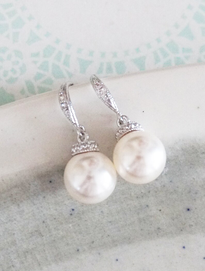 Simple Pearl Drop Necklace Earrings Set Swarovski Bridal Etsy