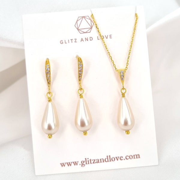 Yellow Gold Teardrop White Pearl Sleek Earrings and Necklace, Minimalist Wedding Jewelry Set for Brides & Bridesmaids, Bridal Shower Gifts