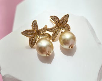Pendientes de perlas de los Mares del Sur, oro, flores, champán, oro, pendientes de perlas de los Mares del Sur, joyería, perlas ovaladas, pendientes de perlas