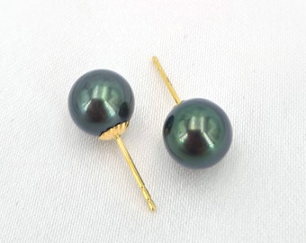 Tahitian Pearl Stud Earrings Peacock Green Tahitian Pearl Earrings 18k Gold Minimalist pearl studs Everyday Fine Jewelry Black Pearl Studs